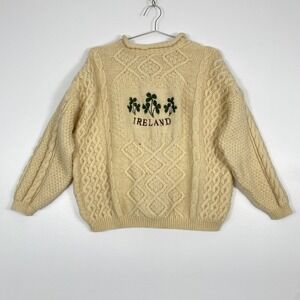 Western Island Sweater Mens 2XL Cream Aran Cable Knit Shamrock Ireland Wool